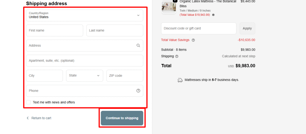 Shipping address form